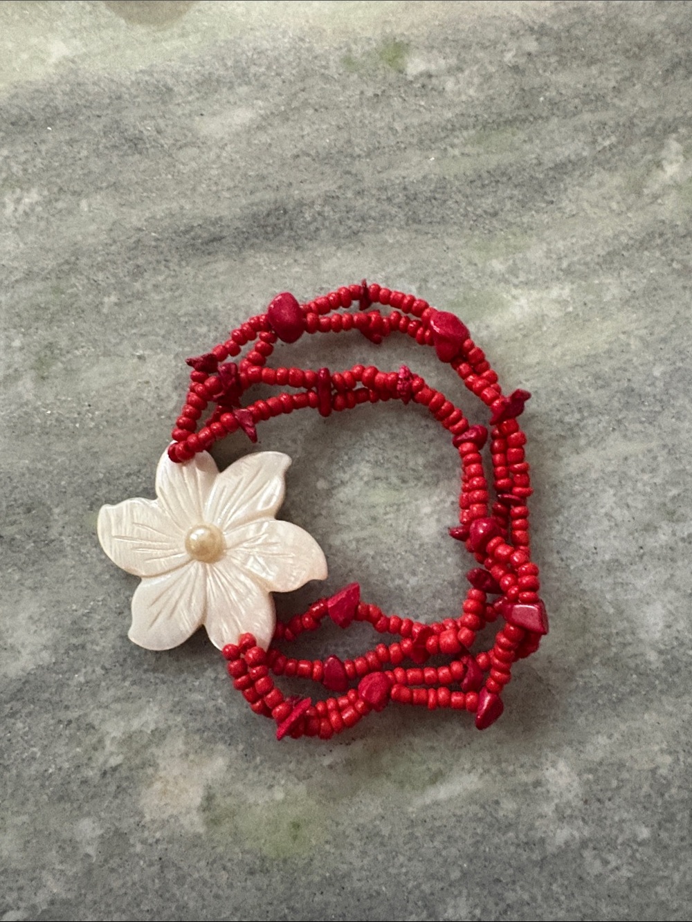 Red Beaded and coral Flower Bracelet with mother of Pearl Accent